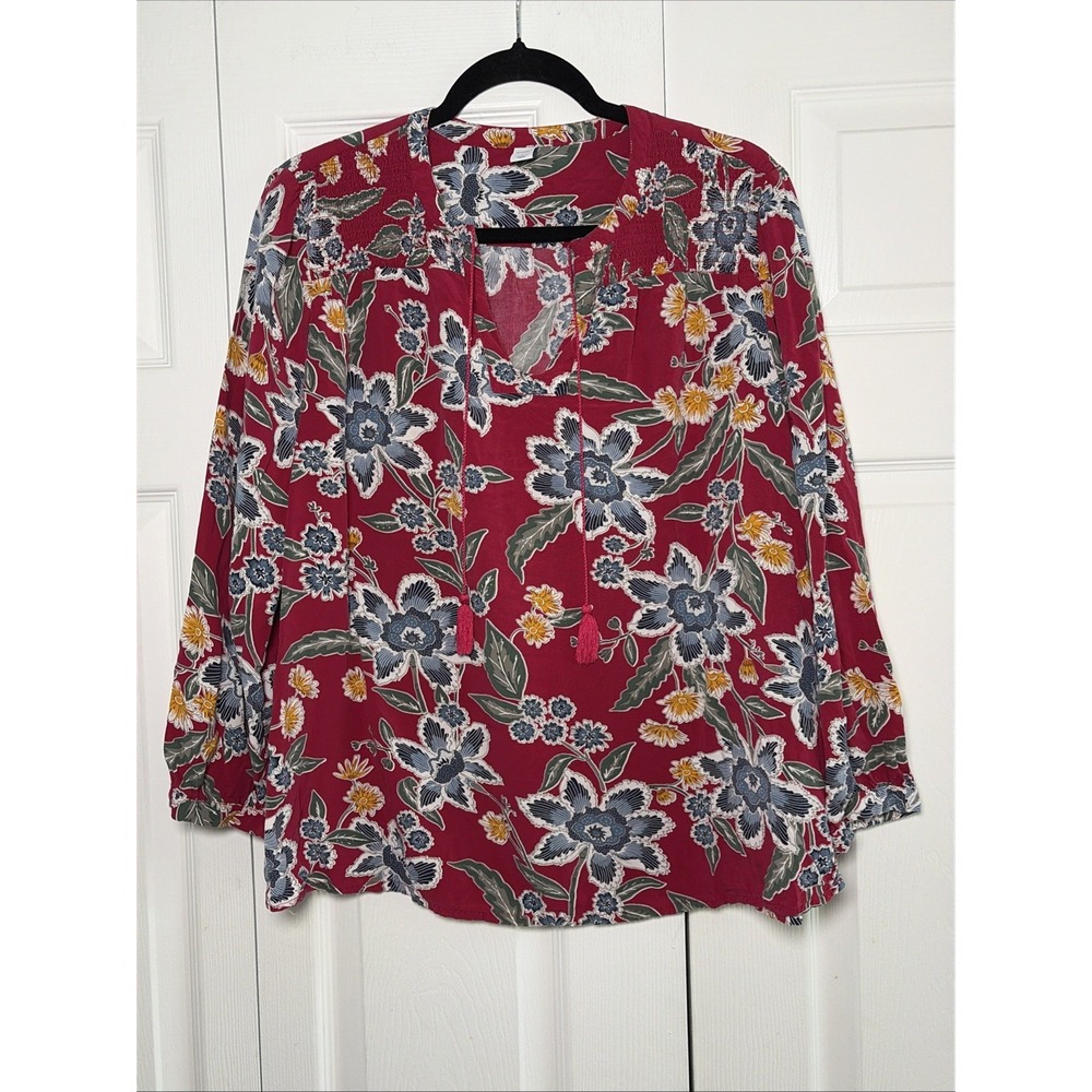 Old Navy Floral Peasant Blouse Womens Size L Red Boho Tassel Boho Cottagecore